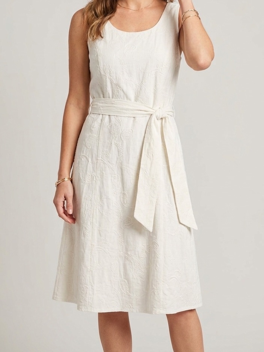 cleo White Embroidered Tie-Waist Midi Dress